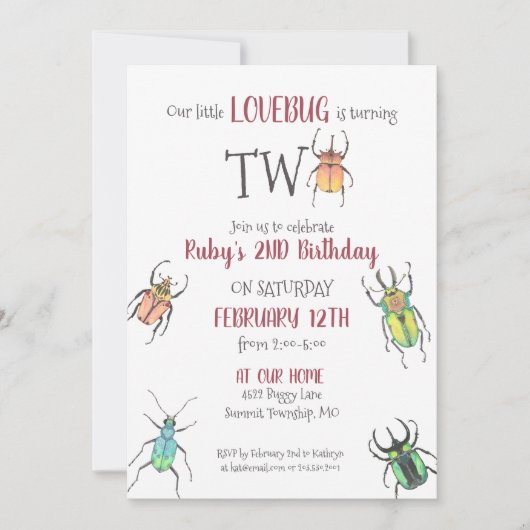Little Love Bugs Turend Two Second Birthday Invit Kaart (Voorkant)