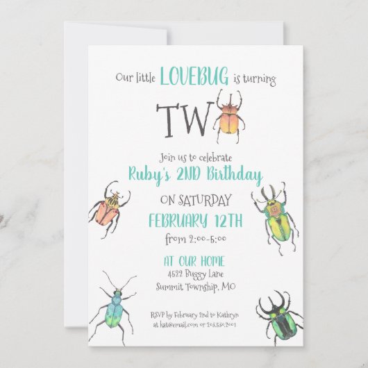 Little Love Bugs Turing Two Second Birthday Kaart (Voorkant)