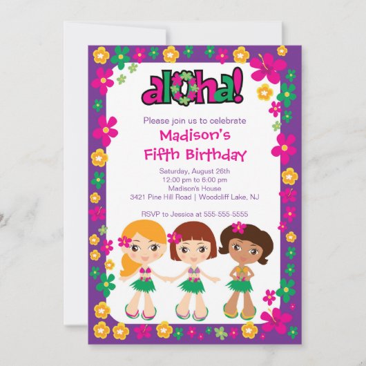 Little Luau Party Birthday Invitation Paars Pink Kaart (Voorkant)