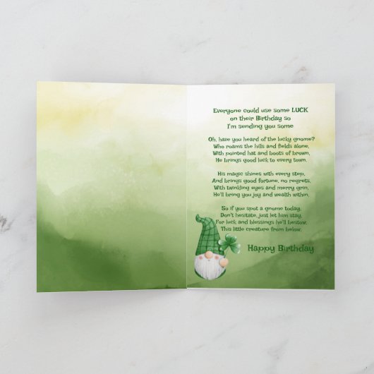 Little Lucky Gnome Birthday wil Kaart (Binnen)