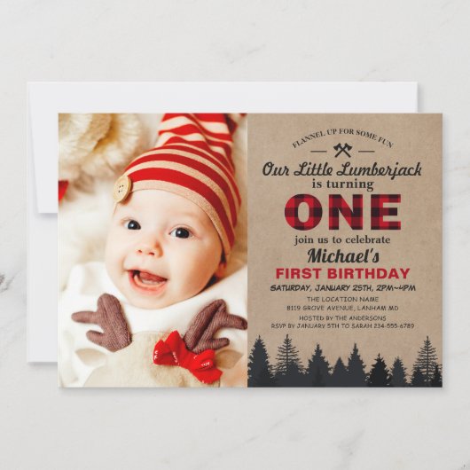 Little Lumberjack First Birthday Party Baby Foto Kaart (Voorkant)