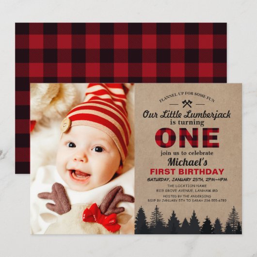 Little Lumberjack First Birthday Party Baby Foto Kaart (Voorkant / Achterkant)