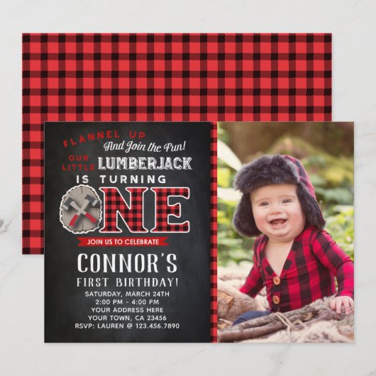 Little Lumberjack Verjaardag Uitnodiging met Foto (Voorkant / Achterkant)