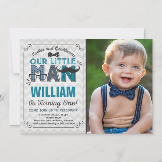 Little Man 1st Birthday Invitation Mustache Party Kaart (Voorkant)