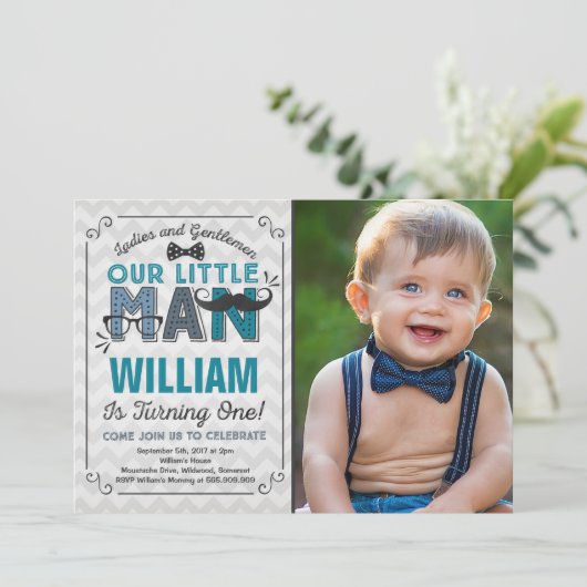 Little Man 1st Birthday Invitation Mustache Party Kaart (Staand voorkant)