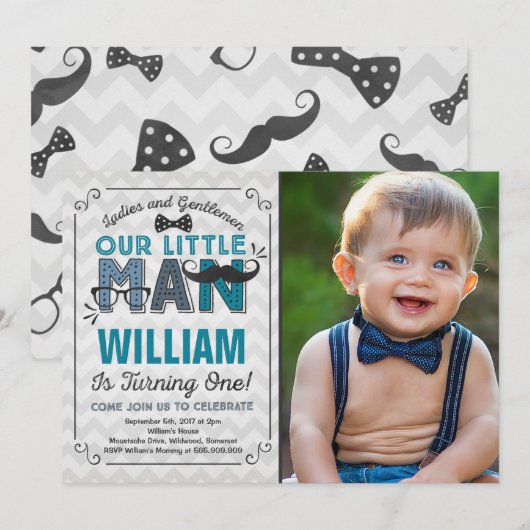 Little Man 1st Birthday Invitation Mustache Party Kaart (Voorkant / Achterkant)