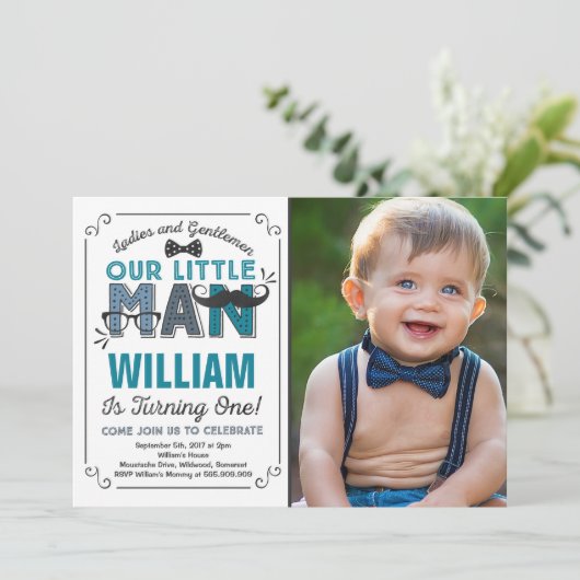 Little Man 1st Birthday Invitation Mustache Party Kaart (Staand voorkant)