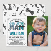 Little Man 1st Birthday Invitation Mustache Party Kaart (Voorkant / Achterkant)