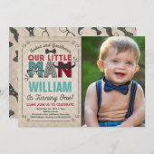 Little Man 1st Birthday Invitation Mustache Party Kaart (Voorkant / Achterkant)