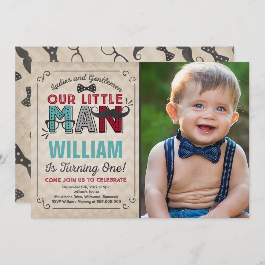 Little Man 1st Birthday Invitation Mustache Party Kaart (Voorkant / Achterkant)