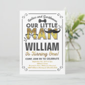 Little Man 1st Birthday Invitation Mustache Party Kaart (Staand voorkant)
