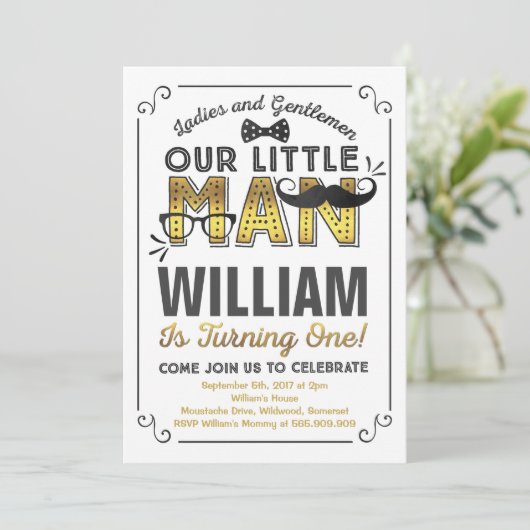Little Man 1st Birthday Invitation Mustache Party Kaart (Staand voorkant)