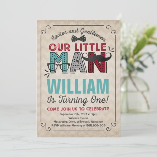 Little Man 1st Birthday Invitation Mustache Party Kaart (Staand voorkant)
