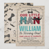 Little Man 1st Birthday Invitation Mustache Party Kaart (Voorkant / Achterkant)