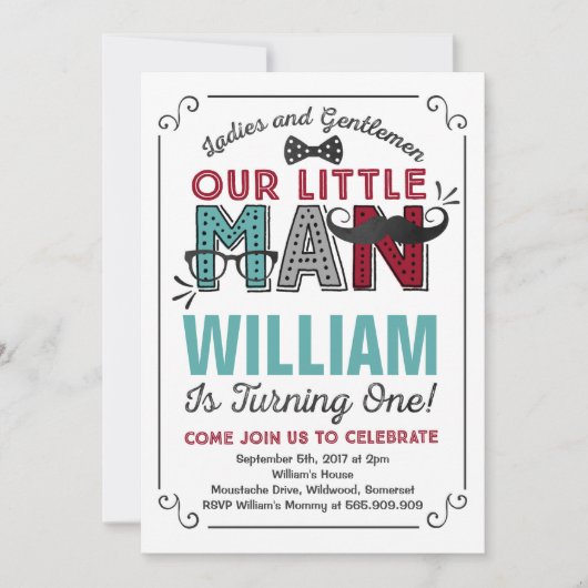 Little Man 1st Birthday Invitation Mustache Party Kaart (Voorkant)