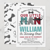 Little Man 1st Birthday Invitation Mustache Party Kaart (Voorkant / Achterkant)