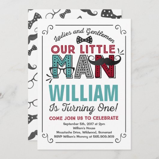 Little Man 1st Birthday Invitation Mustache Party Kaart (Voorkant / Achterkant)