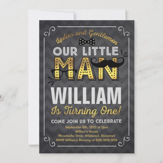 Little Man 1st Birthday Invitation Mustache Party Kaart (Voorkant)