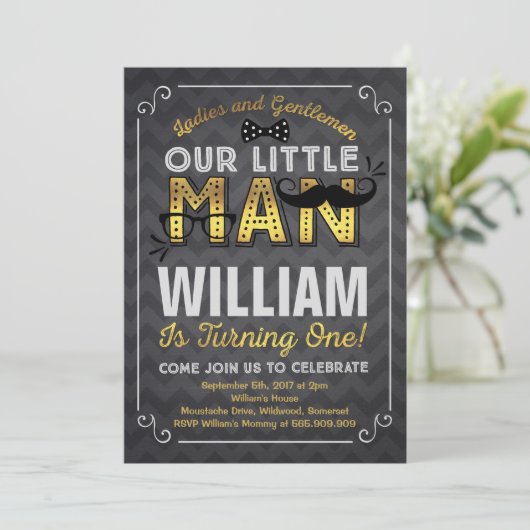 Little Man 1st Birthday Invitation Mustache Party Kaart (Staand voorkant)