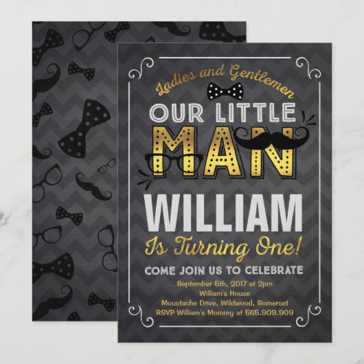 Little Man 1st Birthday Invitation Mustache Party Kaart (Voorkant / Achterkant)