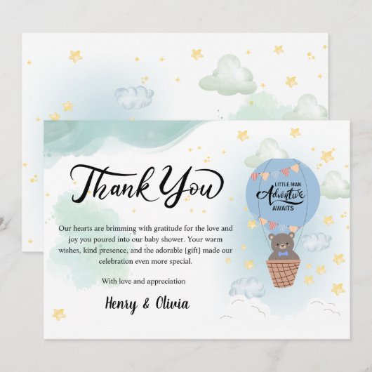 Little man Adventure wacht op baby shower Bedankkaart (Voorkant / Achterkant)