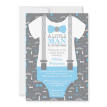 Little Man Baby shower Invitation, Baby blauw, gri