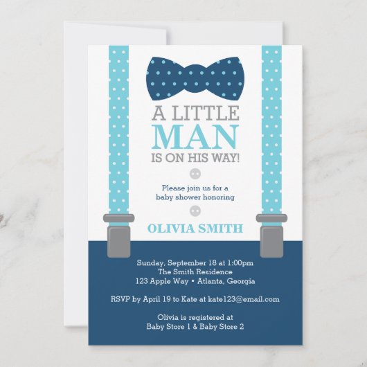 Little Man Baby shower Invitation, Baby Blue, Navy Kaart (Voorkant)