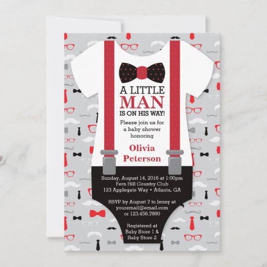 Little Man Baby shower Invitation, Black, Red Kaart (Voorkant)