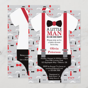 Little Man Baby shower Invitation, Black, Red Kaart