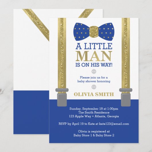 Little Man Baby shower Invitation, Blauw, Faux Gol Kaart (Voorkant / Achterkant)