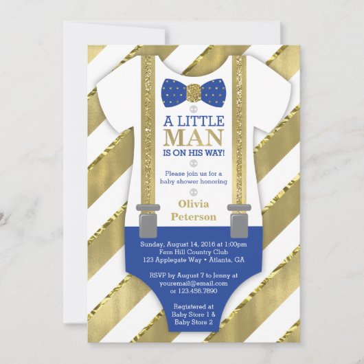 Little Man Baby shower Invitation, Blauw, Faux Gol Kaart (Voorkant)
