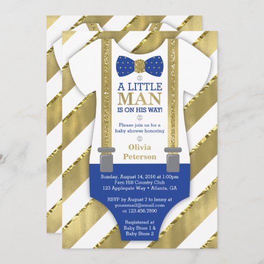 Little Man Baby shower Invitation, Blauw, Faux Gol Kaart (Voorkant / Achterkant)
