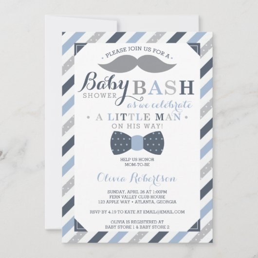 Little Man Baby shower Invitation, blauw, grijs Kaart (Voorkant)