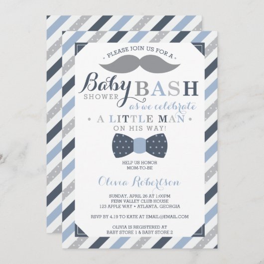 Little Man Baby shower Invitation, blauw, grijs Kaart (Voorkant / Achterkant)