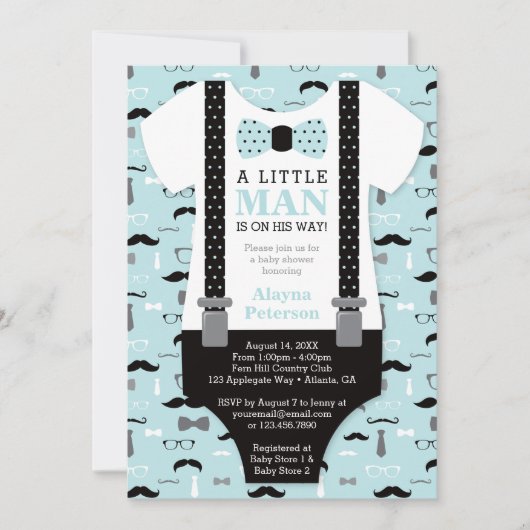 Little Man Baby shower Invitation, blauw, zwart Kaart (Voorkant)