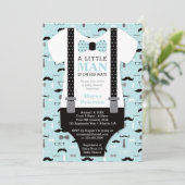 Little Man Baby shower Invitation, blauw, zwart Kaart (Staand voorkant)