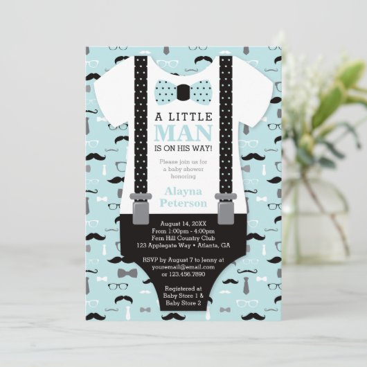 Little Man Baby shower Invitation, blauw, zwart Kaart (Staand voorkant)