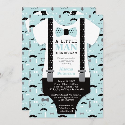 Little Man Baby shower Invitation, blauw, zwart Kaart (Voorkant / Achterkant)