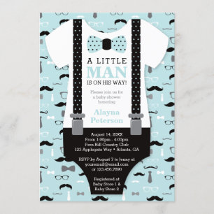 Little Man Baby shower Invitation, blauw, zwart Kaart