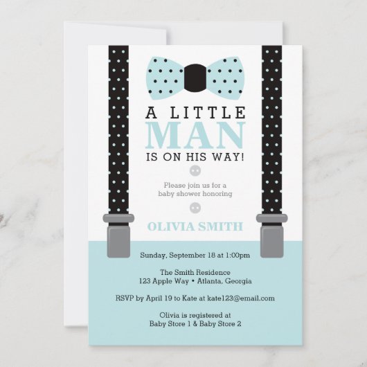 Little Man Baby shower Invitation, blauw, zwart Kaart (Voorkant)