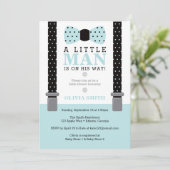 Little Man Baby shower Invitation, blauw, zwart Kaart (Staand voorkant)