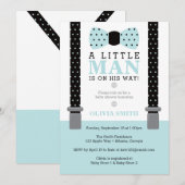 Little Man Baby shower Invitation, blauw, zwart Kaart (Voorkant / Achterkant)
