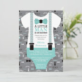 Little Man Baby shower Invitation, Blauwgroen, Bla Kaart (Staand voorkant)