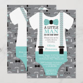 Little Man Baby shower Invitation, Blauwgroen, Bla Kaart (Voorkant / Achterkant)