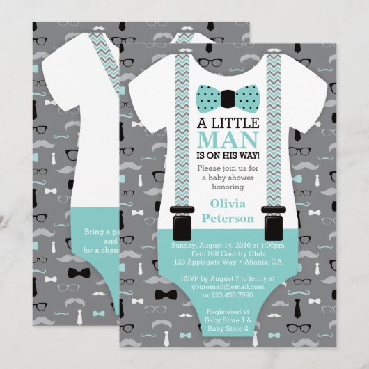 Little Man Baby shower Invitation, Blauwgroen, Bla Kaart (Voorkant / Achterkant)
