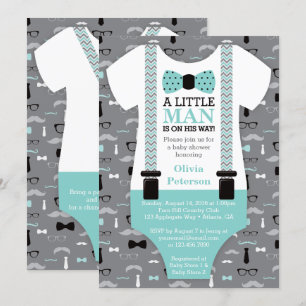 Little Man Baby shower Invitation, Blauwgroen, Bla Kaart