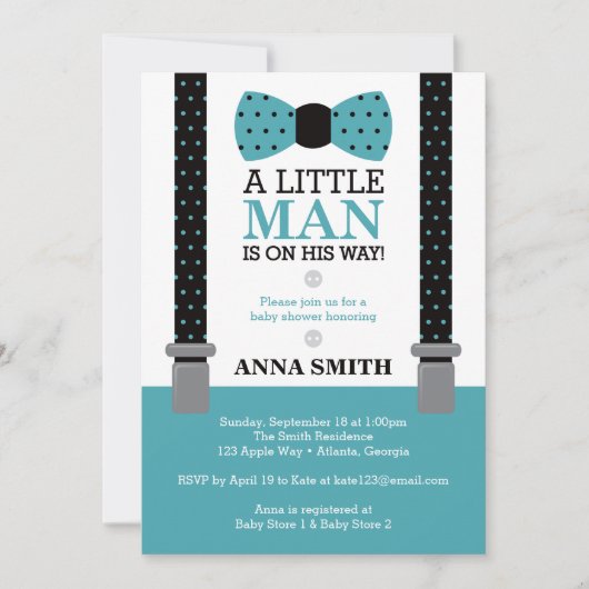 Little Man Baby shower Invitation, Blauwgroen en z Kaart (Voorkant)