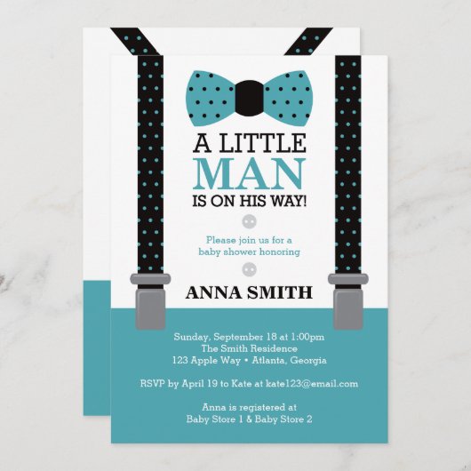 Little Man Baby shower Invitation, Blauwgroen en z Kaart (Voorkant / Achterkant)