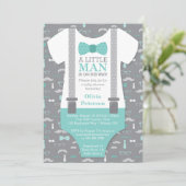 Little Man Baby shower Invitation, Blauwgroen, Gre Kaart (Staand voorkant)