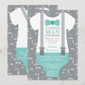Little Man Baby shower Invitation, Blauwgroen, Gre Kaart (Voorkant / Achterkant)